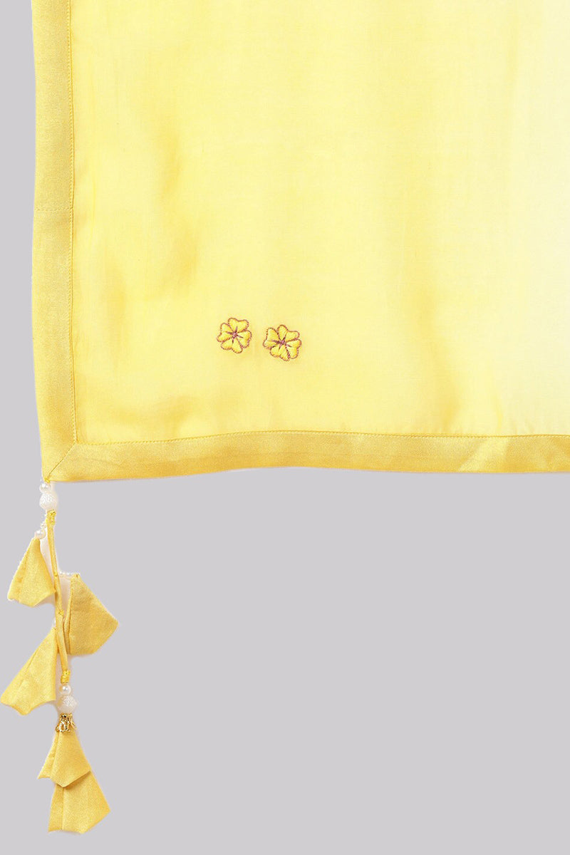  Women Yellow Ethnic Motifs Embroidered Thread Work Kurta with Trousers Dupatta Set.