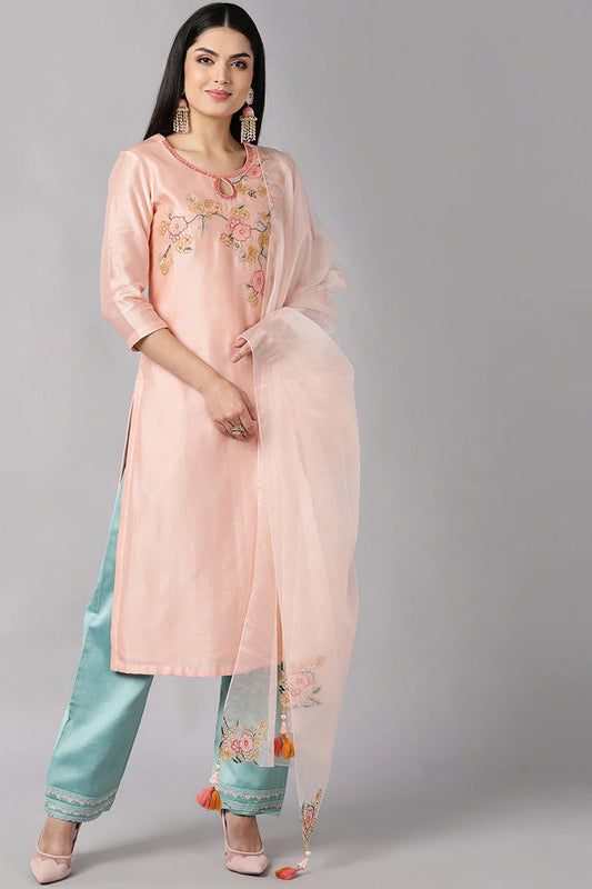  Women Peach Floral Embroidered Regular Kurti with Trousers Dupatta Set