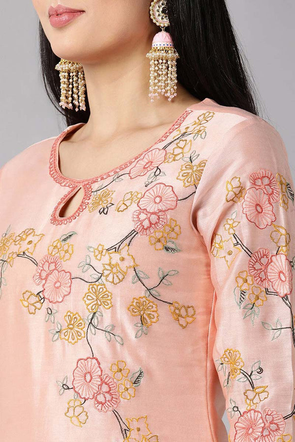  Women Peach Floral Embroidered Regular Kurti with Trousers Dupatta Set