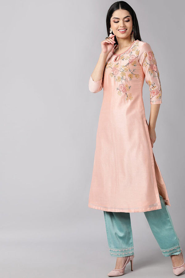  Women Peach Floral Embroidered Regular Kurti with Trousers Dupatta Set