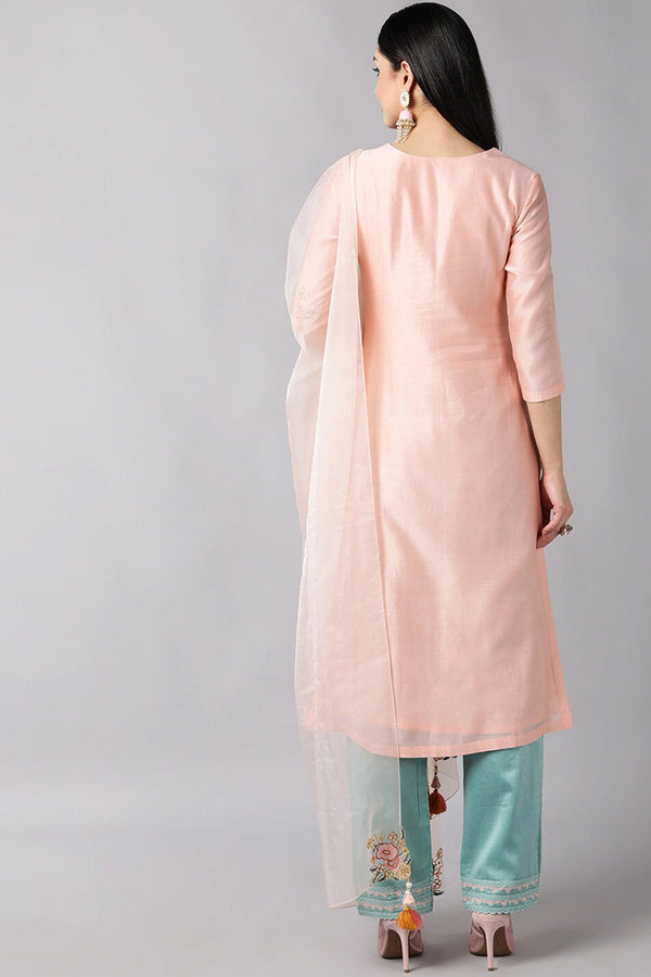  Women Peach Floral Embroidered Regular Kurti with Trousers Dupatta Set