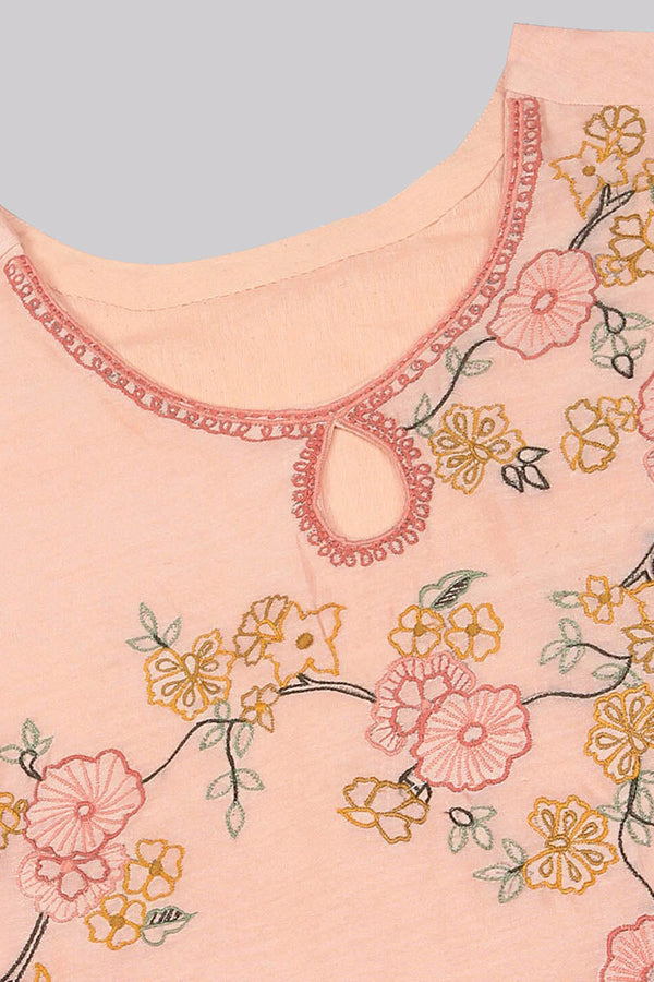  Women Peach Floral Embroidered Regular Kurti with Trousers Dupatta Set