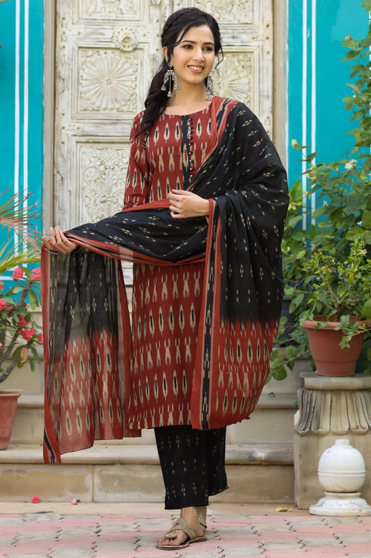  Women Red Ethnic Motifs Printed Regular Pure Cotton Kurta