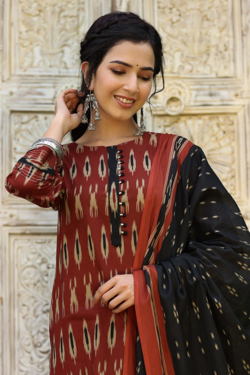  Women Red Ethnic Motifs Printed Regular Pure Cotton Kurta