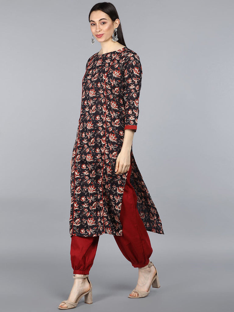  Women Black Floral Printed Pure Cotton Kurta with Dhoti Pants