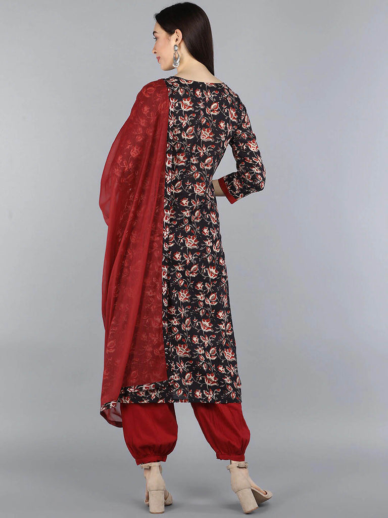  Women Black Floral Printed Pure Cotton Kurta with Dhoti Pants