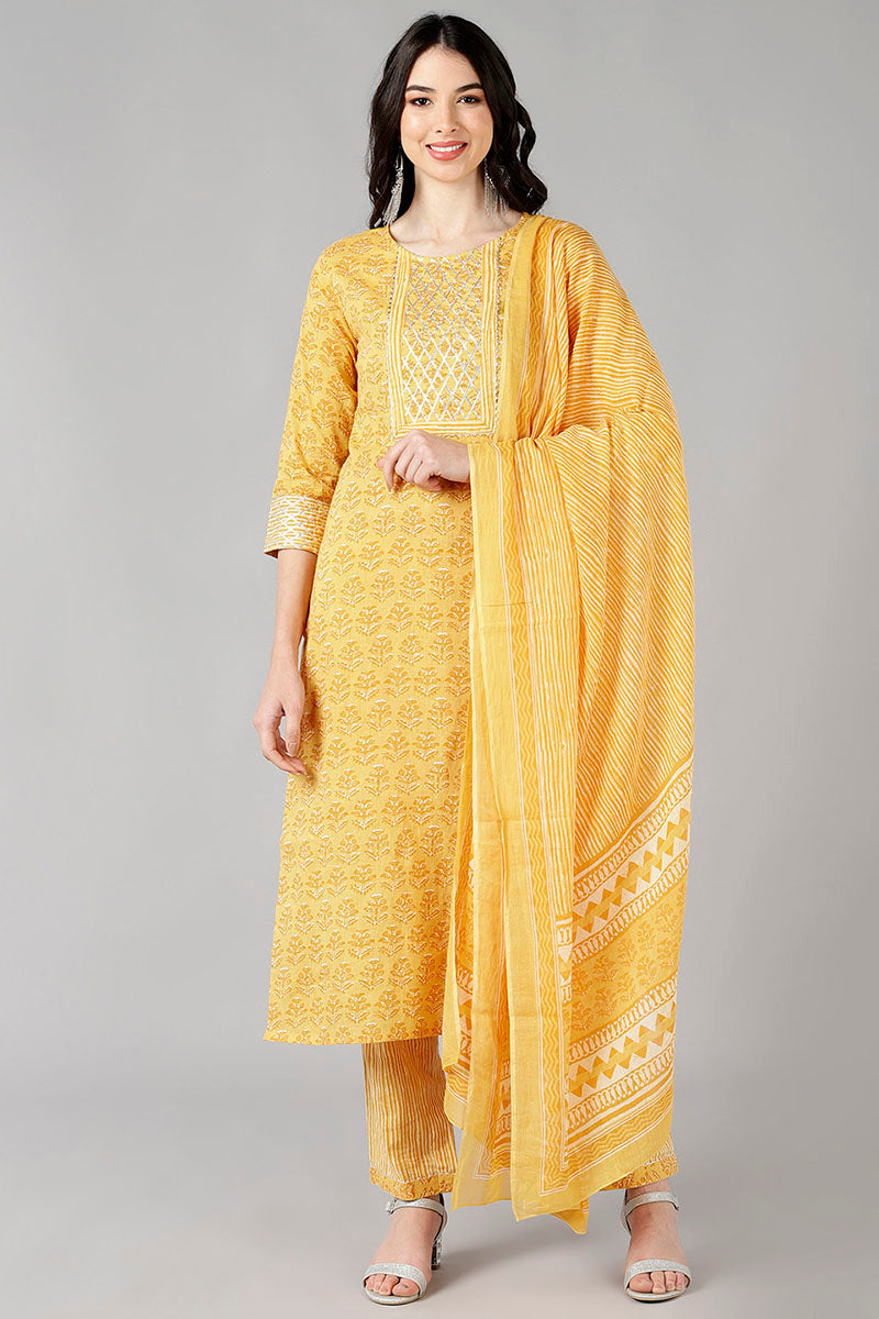  Women Mustard Striped Printed Kurta Trousers With Dupatta