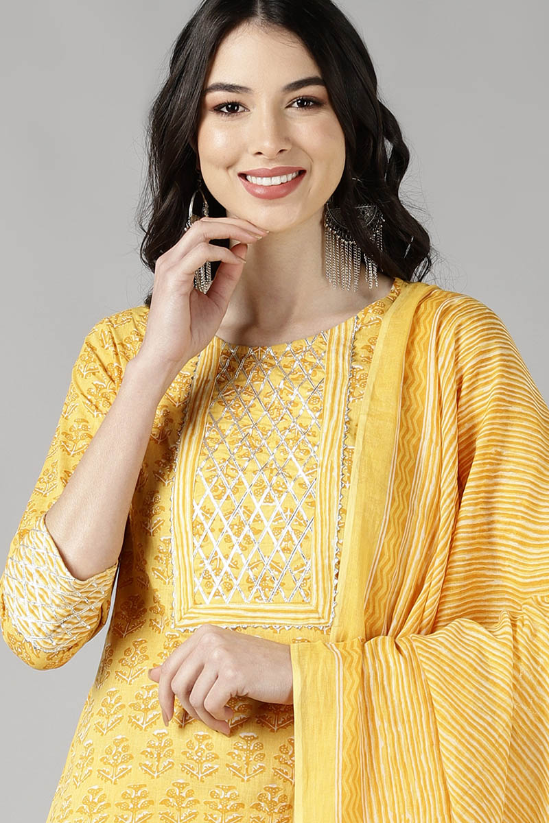  Women Mustard Striped Printed Kurta Trousers With Dupatta