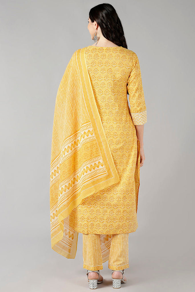  Women Mustard Striped Printed Kurta Trousers With Dupatta