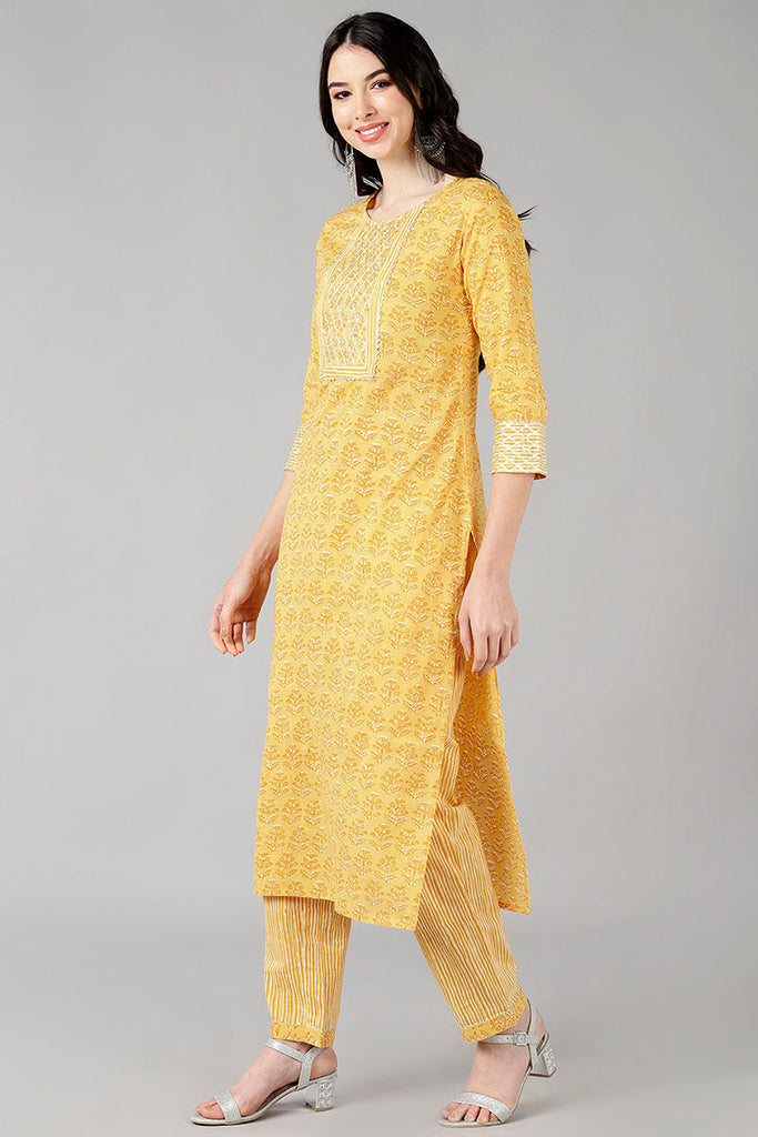  Women Mustard Striped Printed Kurta Trousers With Dupatta