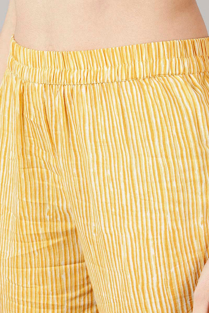  Women Mustard Striped Printed Kurta Trousers With Dupatta