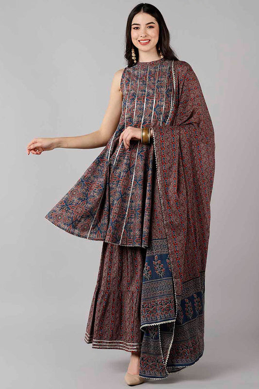  Women Blue Printed Kurta Sharara With Dupatta