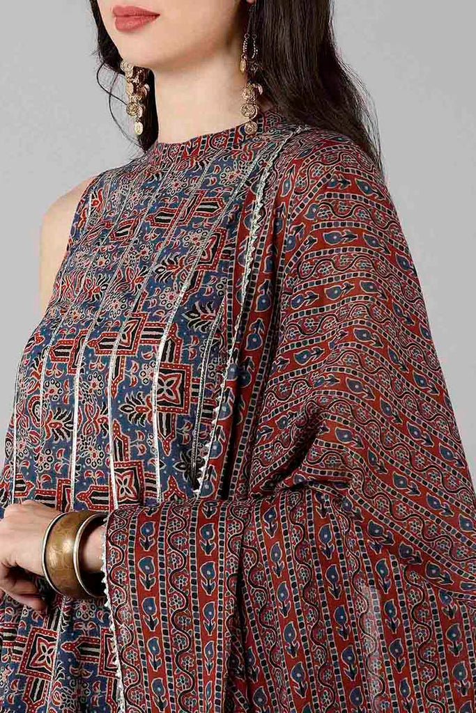  Women Blue Printed Kurta Sharara With Dupatta