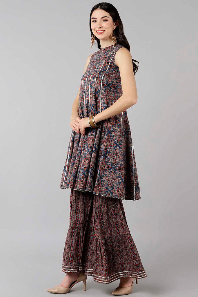  Women Blue Printed Kurta Sharara With Dupatta