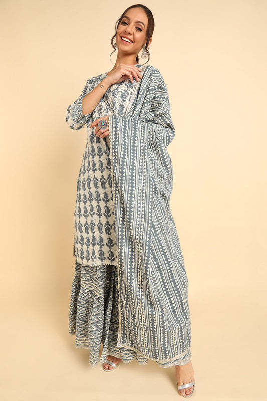  Women Off White Printed Kurta Sharara With Dupatta