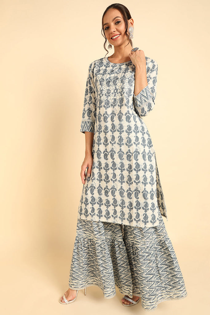  Women Off White Printed Kurta Sharara With Dupatta