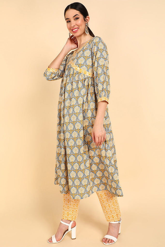 Yellow Pure Cotton Flared Kurta Pants and Dupatta Set VKSKD1386