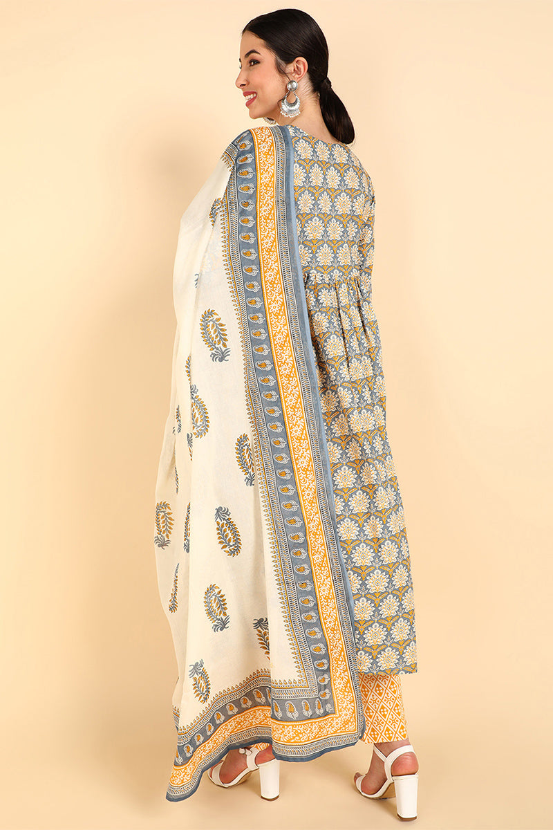 Yellow Pure Cotton Flared Kurta Pants and Dupatta Set VKSKD1386