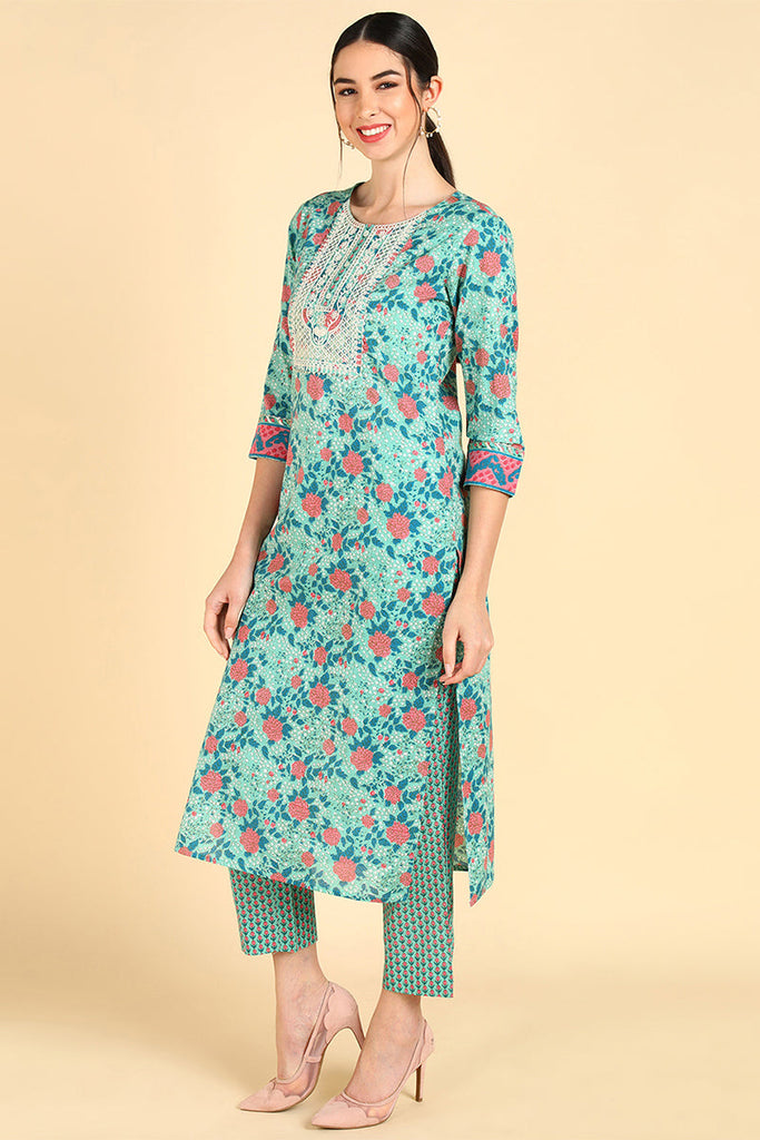  Women Sea Green Floral Printed Pure Cotton 