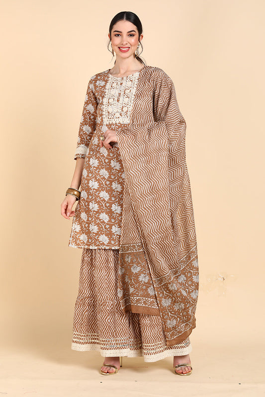  Women Beige Printed Kurta Palazzos With Dupatta