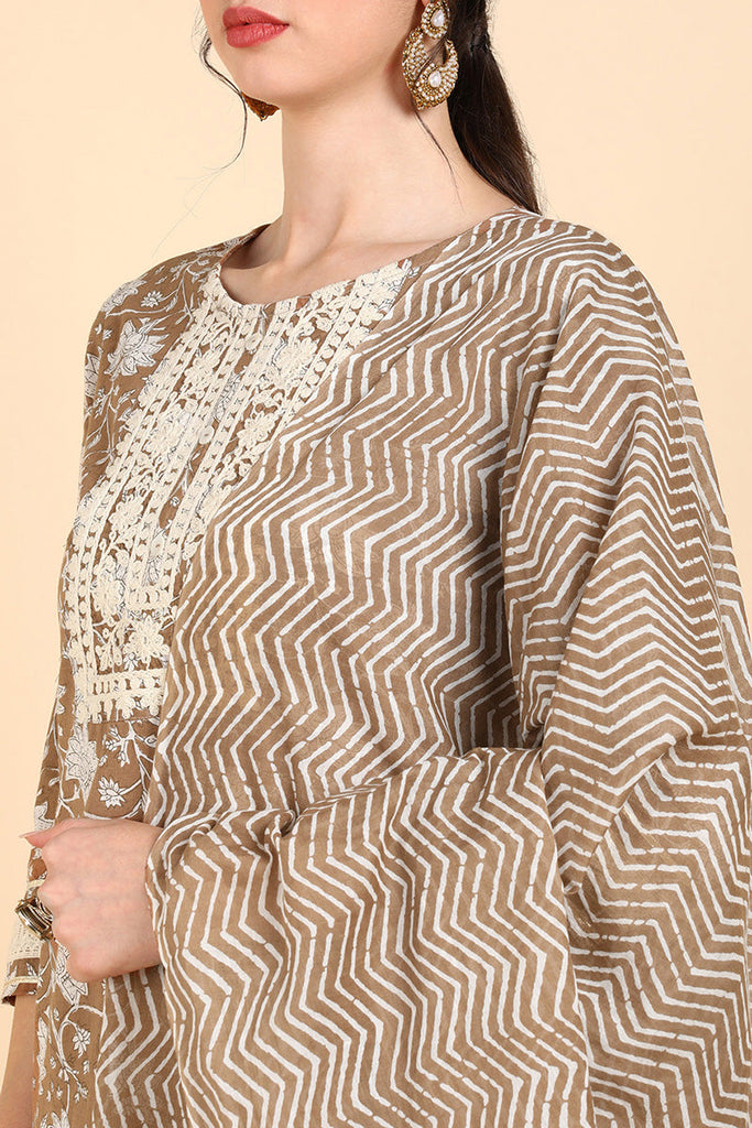  Women Beige Printed Kurta Palazzos With Dupatta