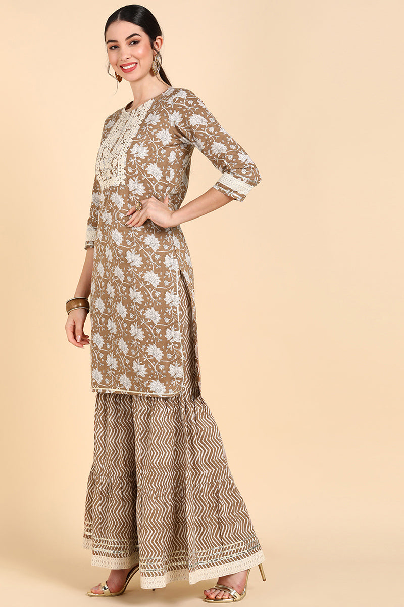  Women Beige Printed Kurta Palazzos With Dupatta