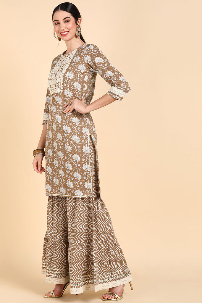  Women Beige Printed Kurta Palazzos With Dupatta