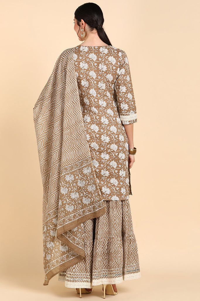  Women Beige Printed Kurta Palazzos With Dupatta