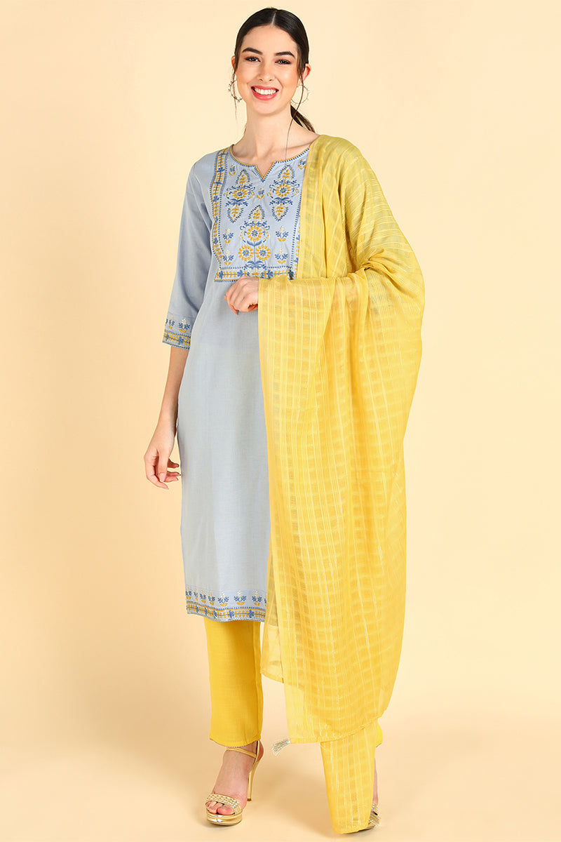  Women Blue Embroidered Kurta Trousers With Dupatta