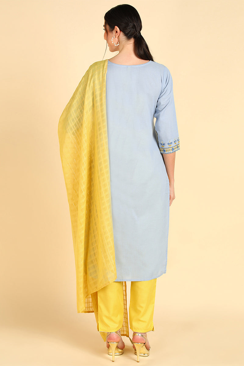  Women Blue Embroidered Kurta Trousers With Dupatta