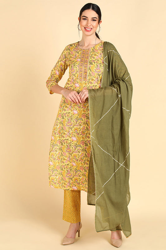  Women Yellow Printed Kurta Trousers With Dupatta