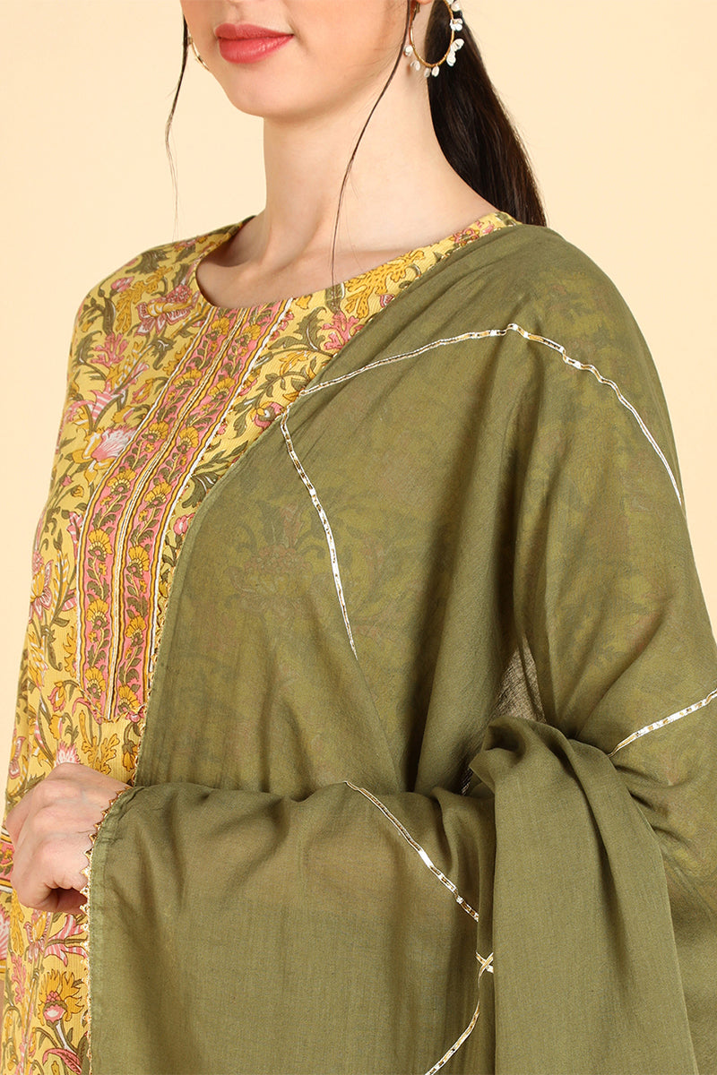  Women Yellow Printed Kurta Trousers With Dupatta