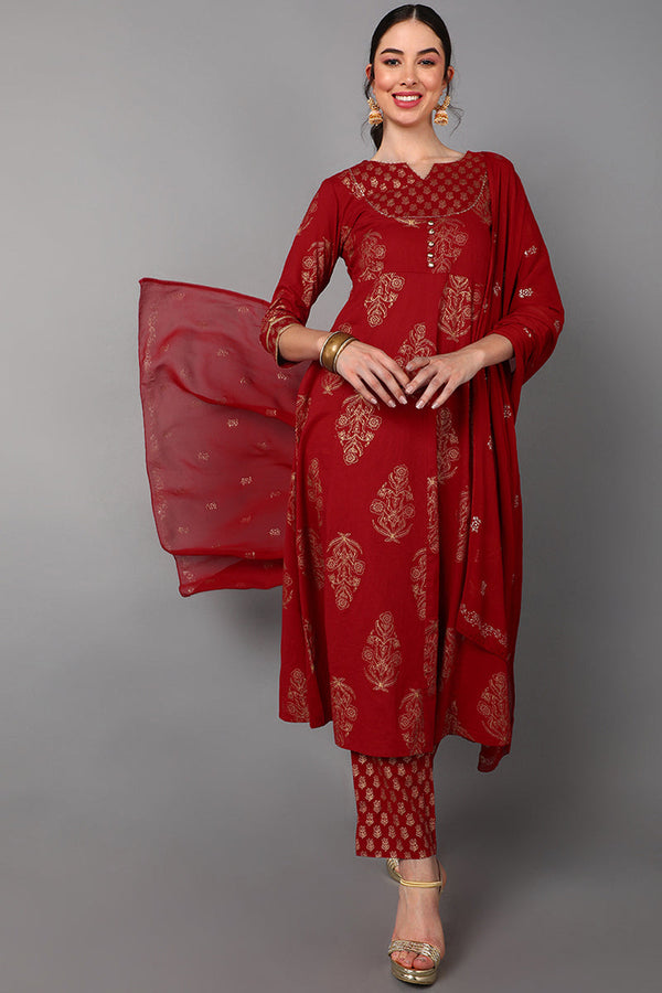 Red Cotton Straight Kurta Pant With Dupatta Set 