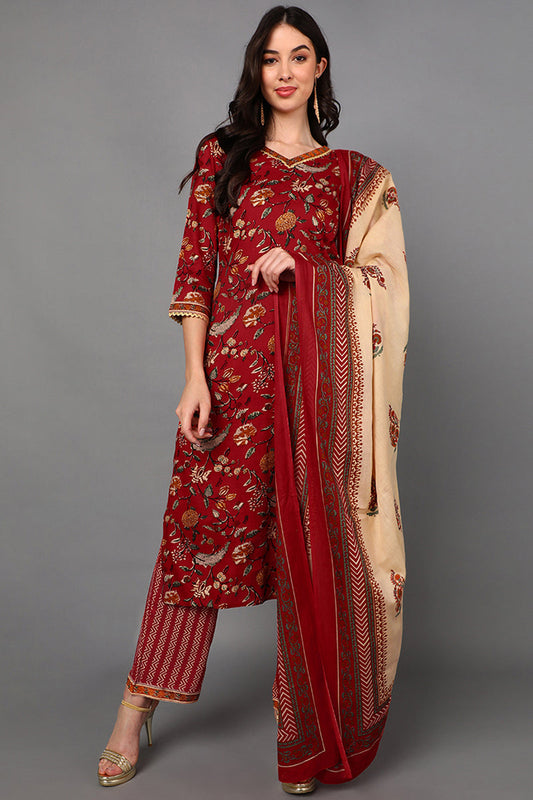 Cotton Floral Printed Kurta Pant Dupatta Set VKSKD1425