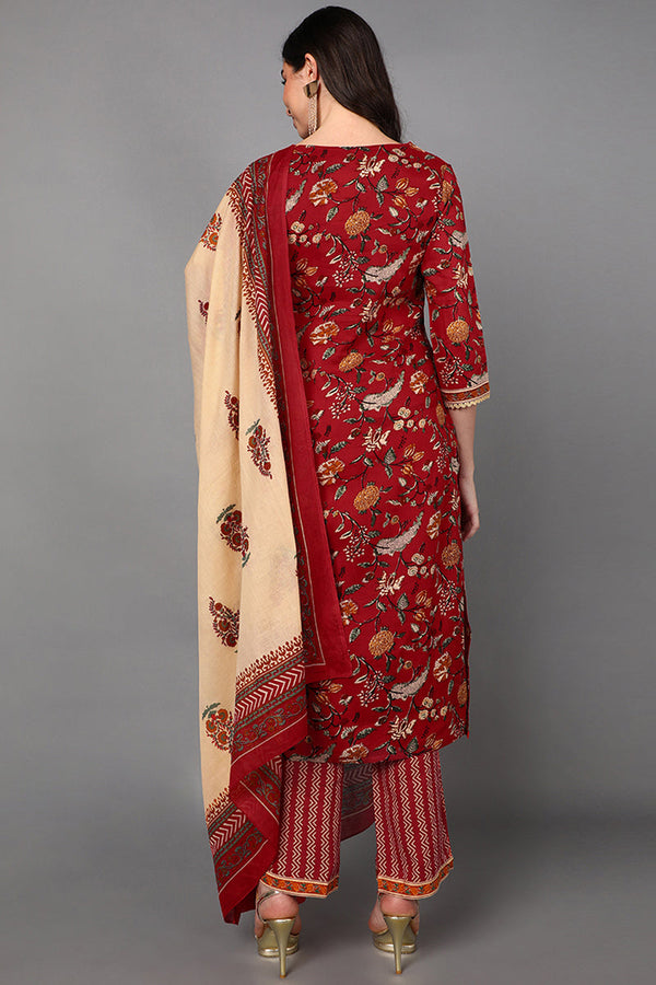 Cotton Floral Printed Kurta Pant Dupatta Set VKSKD1425