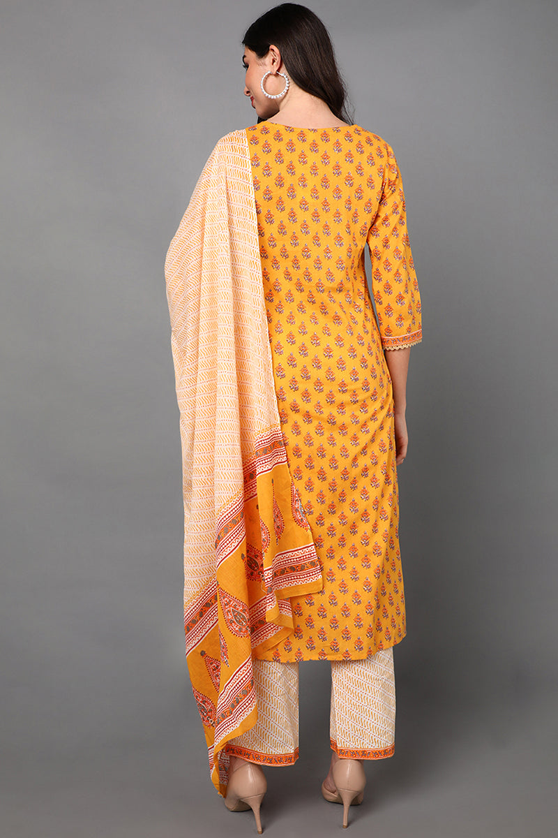 Yellow Pure Cotton Ethnic Motifs Straight Suit Set VKSKD1430