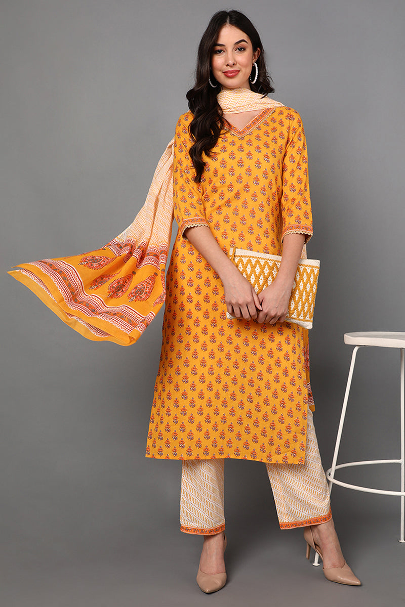 Yellow Pure Cotton Ethnic Motifs Straight Suit Set VKSKD1430