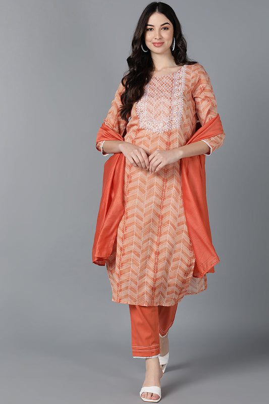  Women Beige Cotton Printed Kurta Trousers With Dupatta