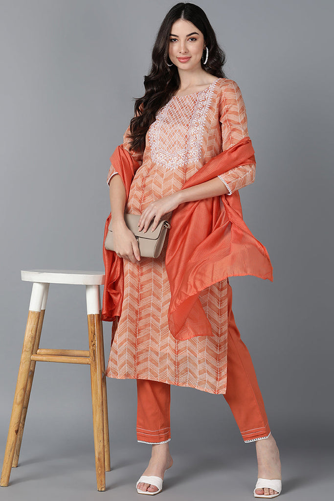  Women Beige Cotton Printed Kurta Trousers With Dupatta