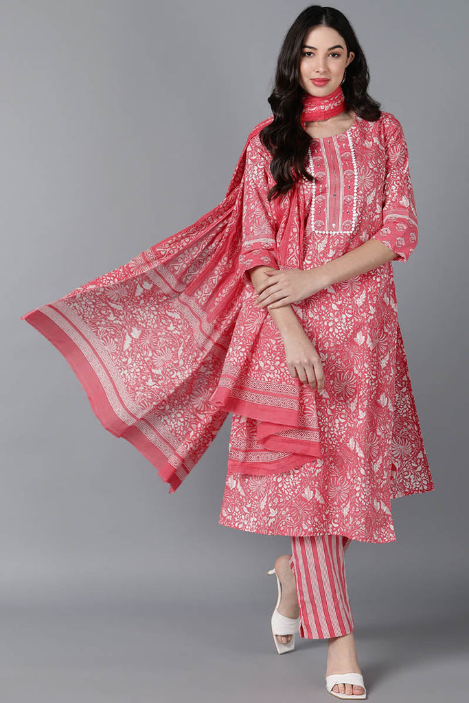  Women Pink Cotton Printed Kurta Trouser With Dupatta 