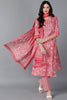  Women Pink Cotton Printed Kurta Trouser With Dupatta 