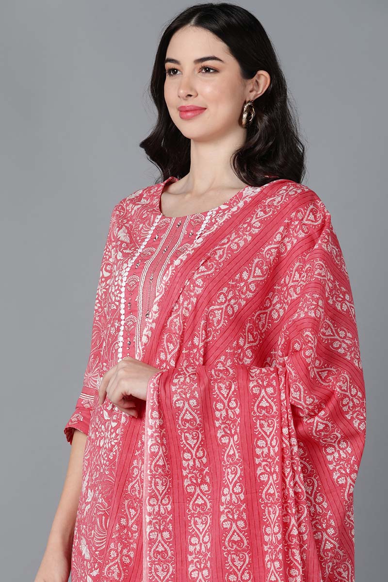  Women Pink Cotton Printed Kurta Trouser With Dupatta 