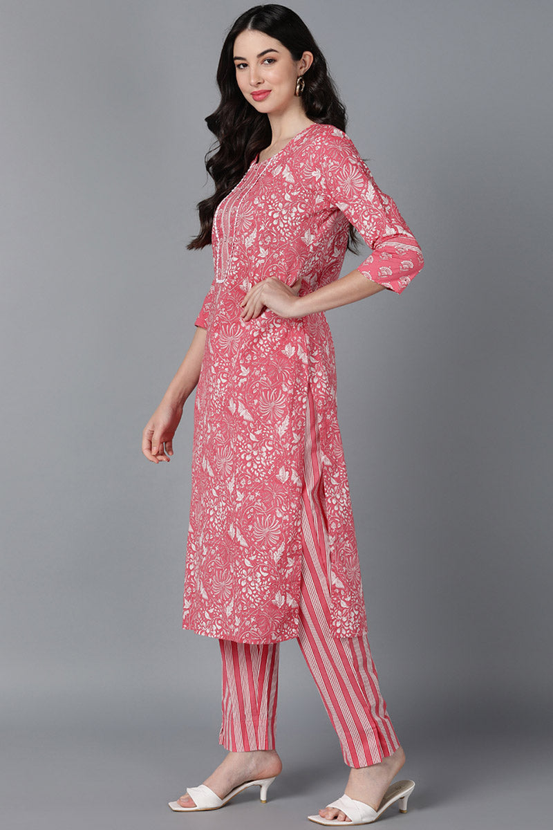  Women Pink Cotton Printed Kurta Trouser With Dupatta 