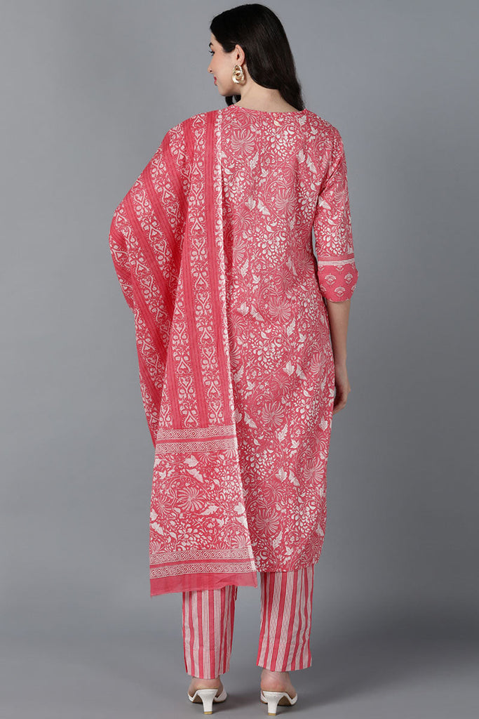  Women Pink Cotton Printed Kurta Trouser With Dupatta 