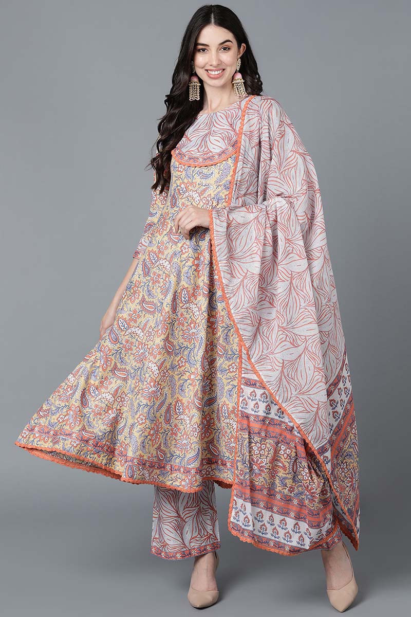  Women Cream Cotton Printed Kurta Palazzos With Dupatta 