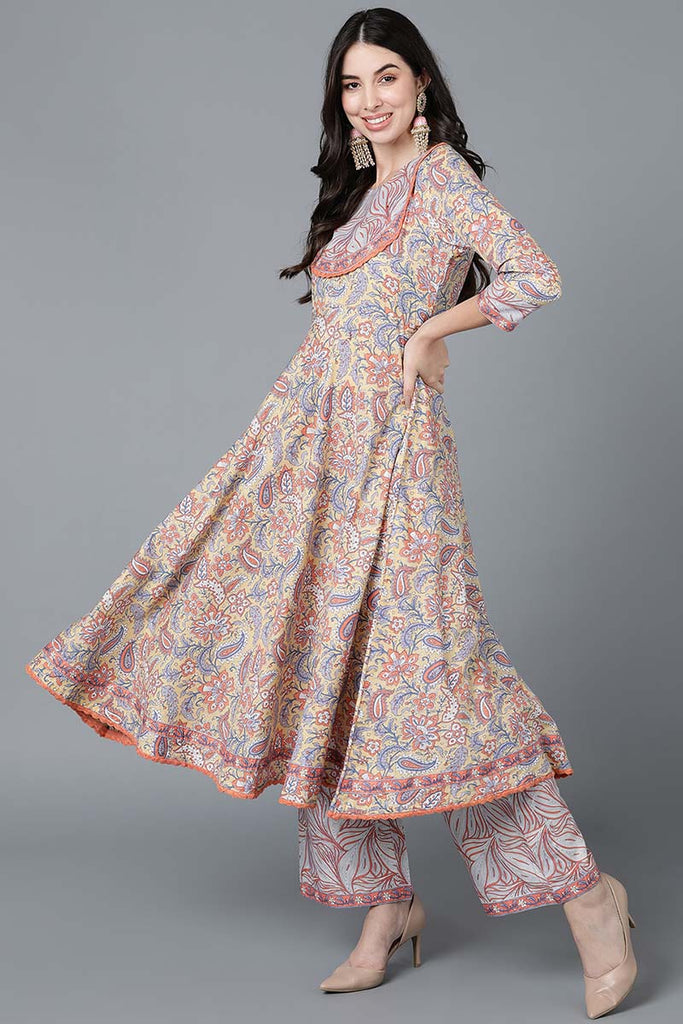  Women Cream Cotton Printed Kurta Palazzos With Dupatta 