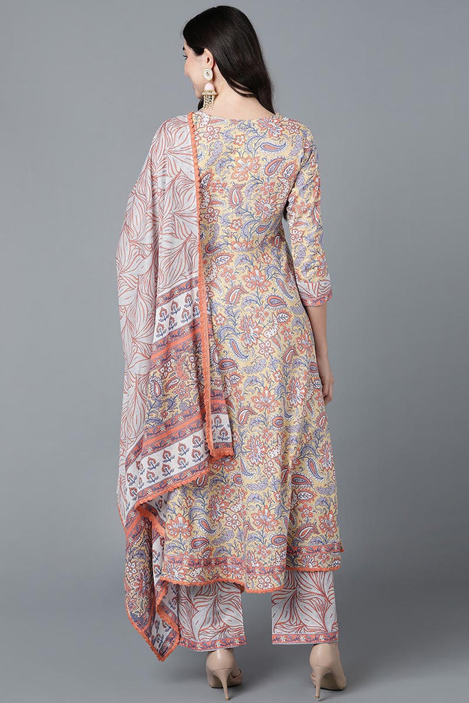  Women Cream Cotton Printed Kurta Palazzos With Dupatta 