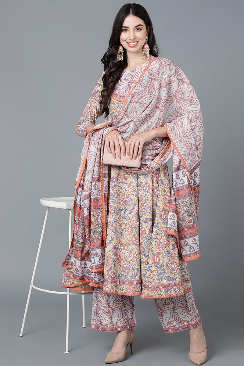  Women Cream Cotton Printed Kurta Palazzos With Dupatta 