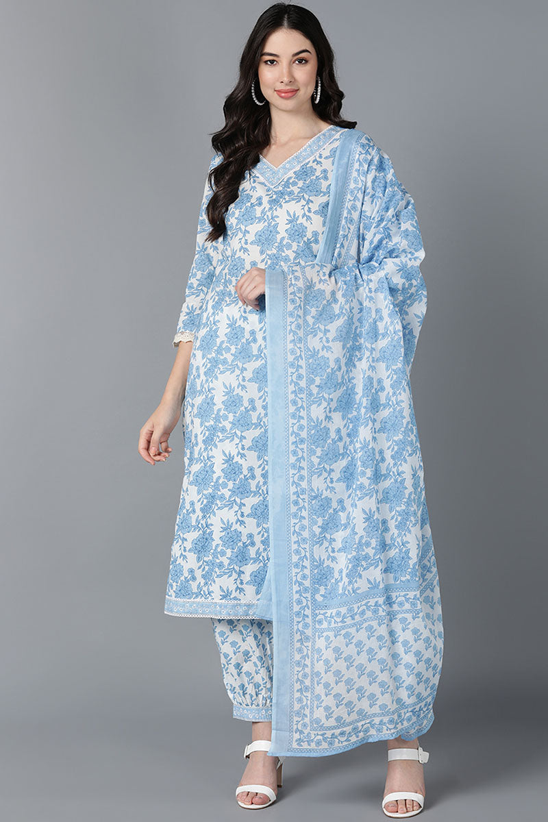  Women White Cotton Floral Printed Kurta Salwar With Dupatta