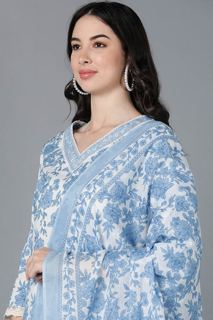  Women White Cotton Floral Printed Kurta Salwar With Dupatta